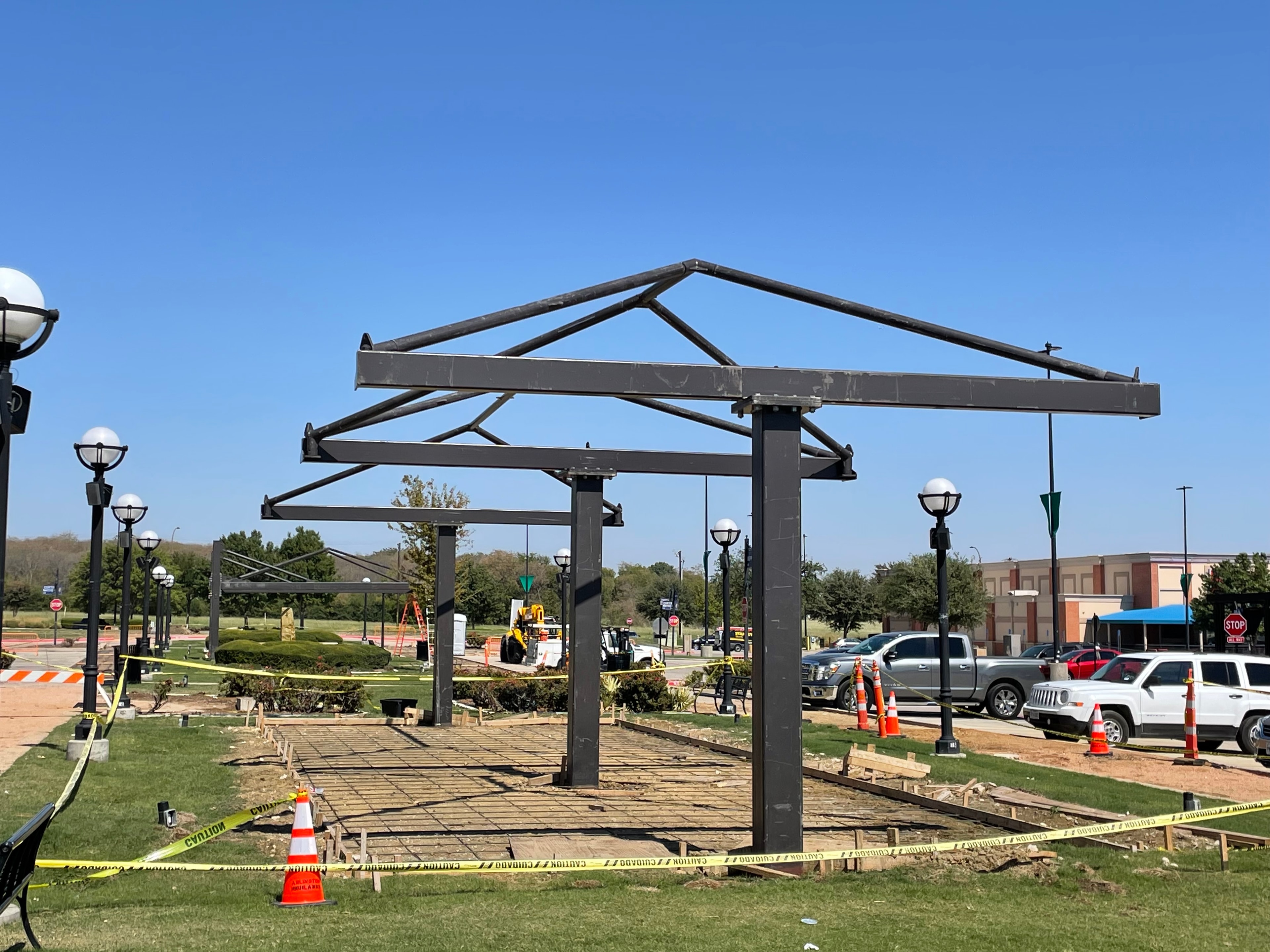 Metal pergola structure under construction